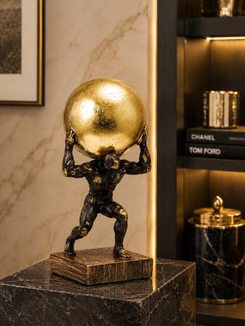sculptuur, Handcrafted Atlas Sculpture Holding Golden Sphere