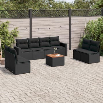 vidaXL 9-delige Loungeset met kussens poly rattan zwart, Tuin en Terras, Verzenden, Nieuw, Loungeset