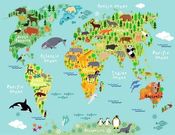 Wereldkaart behang – dieren in heldere kleuren, Overige merken, Modern, Ophalen of Verzenden, Dieren