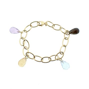 Gouden schakelarmband met topaas en rookkwarts., Gebruikt, Ophalen of Verzenden, Met edelsteen, Goud