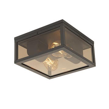 Plafondlamp zwart met smoke glas 2-lichts IP44 - Charlois, Verzenden, Nieuw, Aluminium