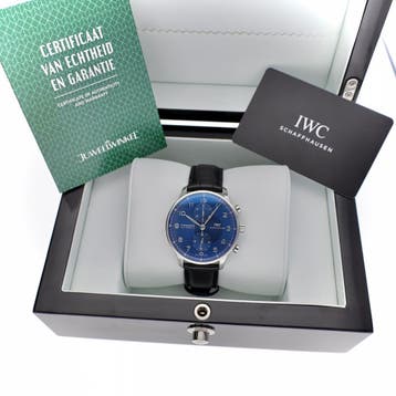 IWC Portuguese Chronograph Blue IW3714491; Automatisch..., Sieraden, Tassen en Uiterlijk, Ophalen of Verzenden, Zo goed als nieuw