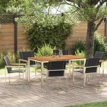 vidaXL Tuin eettafelset 7 st Massief acaciahout en roestvrij, Verzenden, Nieuw, 7 zitplaatsen