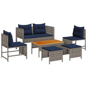 vidaXL Tuinbankenset met kussen 6 pcs Grijs en Marineblauw, Verzenden, Nieuw, Rotan, 6 zitplaatsen