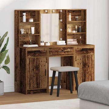 vidaXL Make-up tafel set met LED 3 st Oudhout Bewerkt hout, Verzenden, Nieuw
