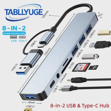 8-in-2 USB-C Hub met SD/TF Kaartlezer, 3.5mm Audio & USB 3.0, Verzenden, Nieuw