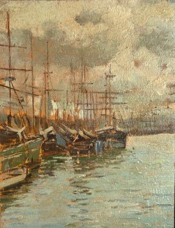 Guglielmo Micheli (1866-1926) - Marina con Barche, Antiek en Kunst, Kunst | Schilderijen | Klassiek
