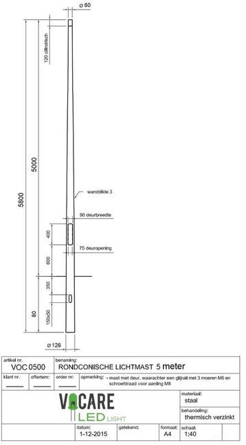 5 meter heavy duty conische stalen lantaarnpaal met voet..., Nieuw