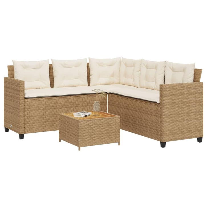 vidaXL Tuinbank met tafel en kussens L-vormig poly rattan, Tuin en Terras, Tuinsets en Loungesets, Nieuw, Rotan, Verzenden