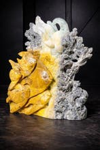 Zeeleven houtsnijwerk in Gele aragoniet met vissen en