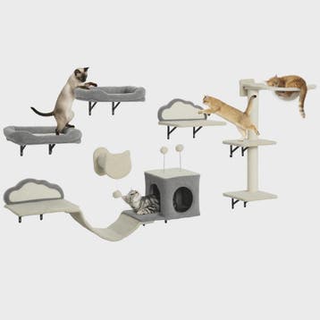 PawHut Wandmeubel voor Katten: 6-delige set met klimboom, ha