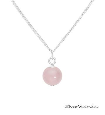 925 zilveren ketting met 8 mm rozenkwarts bol – verstelbare, Verzenden, Nieuw, Zilver