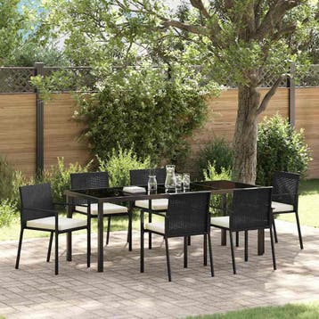 vidaXL Tuin eettafelset 7 st Zwart Gepoedercoat staal, Tuin en Terras, Verzenden, Nieuw, Rotan, 7 zitplaatsen