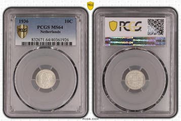 Koningin Wilhelmina 10 cent 1936 MS64 PCGS gecertificeerd, Verzenden, Zilver, 10 cent, Koningin Wilhelmina