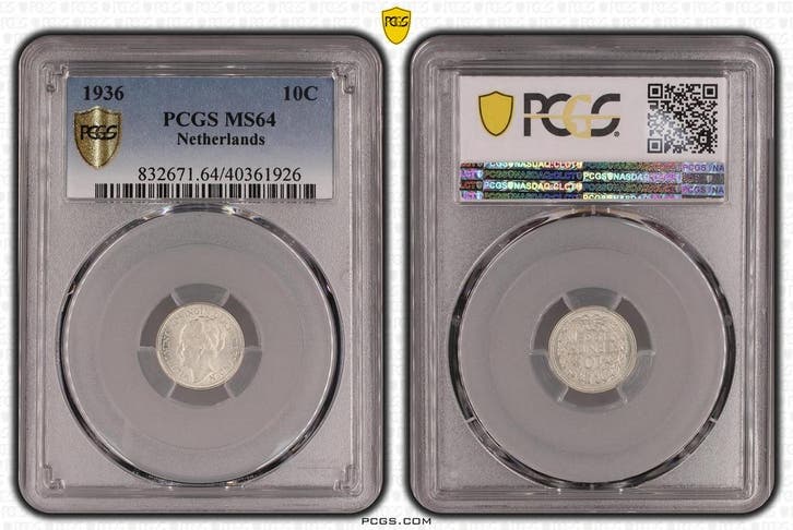 Koningin Wilhelmina 10 cent 1936 MS64 PCGS gecertificeerd, Postzegels en Munten, Munten | Nederland, Losse munt, 10 cent, Koningin Wilhelmina