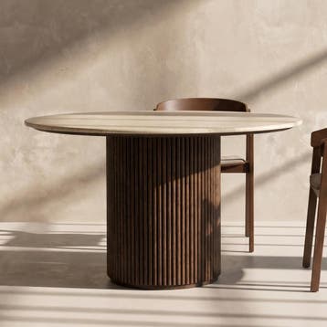 *WOONWINKEL* Dutchbone Arda Ronde Eettafel Travertin Walnoot, Huis en Inrichting, Tafels | Eettafels, Verzenden, Nieuw