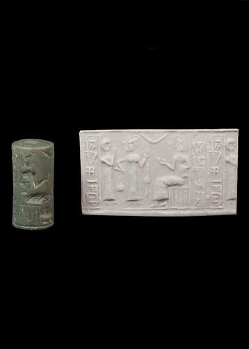 Oud-Babylonisch Groene hardsteen Cilinderzegel met, Antiek en Kunst