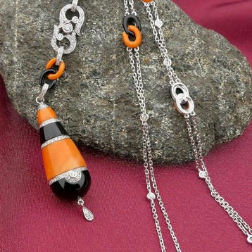 Witgouden ketting met vaste hanger met onyx, bloedkoraal..., Sieraden, Tassen en Uiterlijk, Kettingen, Gebruikt, Overige kleuren