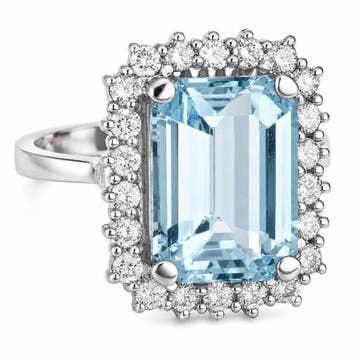 Ring - 18 karaat Witgoud - 6.01ct. tw. Aquamarijn - Diamant, Nieuw
