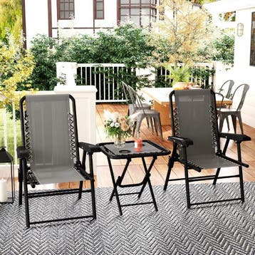 3-Delige Outdoor Terras Tafel- en Stoelenset – Grijs/zwart, 2 zitplaatsen, Verzenden, Nieuw, Stoel