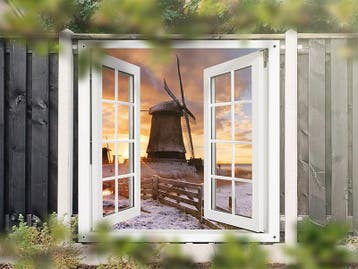 NR 1424: Tuinposter doorkijkje molen 180x180cm, Tuin en Terras, Nieuw