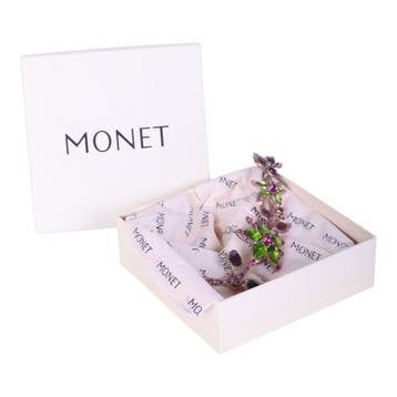 Monet Bloemtak Broche met Groene en Paarse Strass, Sieraden, Tassen en Uiterlijk, Broches, Verzenden, Zo goed als nieuw