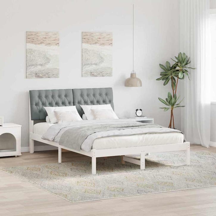 vidaXL Bedframe met Gevoerd Hoofdgedeelte Wit 150 x 200 cm, Huis en Inrichting, Slaapkamer | Bedden, Wit, Nieuw, Hout, Verzenden