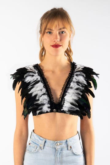 KIMU® Top met Veren Zwart Wit XS S M Verentop Pak Heks Topje, Kleding | Dames, Ophalen of Verzenden, Nieuw, Carnaval, Kleding