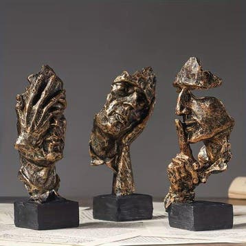 sculptuur, Abstract “Three Wise Monkeys” Face Statues – Set