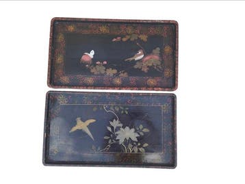 2 plateaux japonais bois laqué années 1920 decor floral et