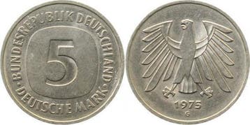 5 Dm Duitsland 5 Mark 1975 G links oder rechts magnetisch..., Postzegels en Munten, Munten | Europa | Niet-Euromunten, Verzenden