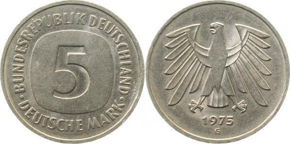 5 Dm Duitsland 5 Mark 1975 G links oder rechts magnetisch..., Postzegels en Munten, Munten | Europa | Niet-Euromunten, Verzenden