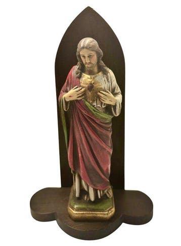 Beeldje, Heilige hart Jezus met staander - 23 cm - Hout,, Antiek en Kunst