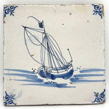 Antiek Tegel - Antieke Delftsblauwe tegel met schip - Antiek