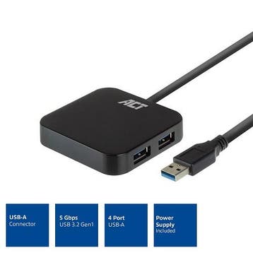 ACT | Hub | 4-Poorts | USB 3.2 | Gen-1 | Blok | Zwart, Computers en Software, USB Sticks, Verzenden, Nieuw