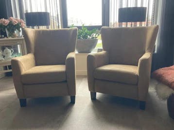 Set van 2 leren oorfauteuils met houten poten - bruin leer, Huis en Inrichting, Fauteuils, Ophalen of Verzenden, Nieuw, Leer