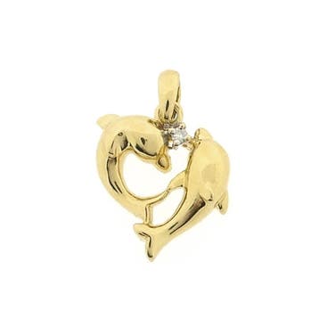Gouden hanger van twee dolfijnen met diamant 0,015 ct., Sieraden, Tassen en Uiterlijk, Bedels, Ophalen of Verzenden, Gebruikt
