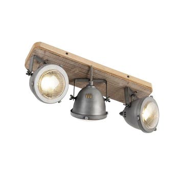 Industriële spot staal met hout kantelbaar 3-lichts - Emado, Huis en Inrichting, Lampen | Spots, Verzenden, Nieuw