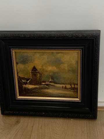 Winterlandschap en tafereel, 30x24 cm in keurige lijst, Antiek en Kunst, Ophalen, Paneel, Oud hollands, Origineel werk