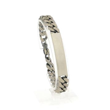 Zilveren robuuste gourmetschakel armband met graveerplaatje, Ophalen of Verzenden, Gebruikt, Zilver, Zilver