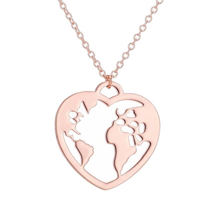 Fako Bijoux - Ketting - Wereldbol Hart - Wereldkaart - Rosé, Sieraden, Tassen en Uiterlijk, Kettingen, Verzenden