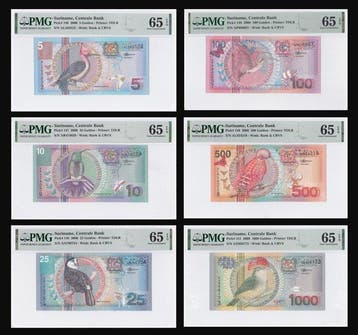 Suriname. - 5, 10, 25, 100, 500, 1000 Gulden 2000 - Pick 146, Postzegels en Munten