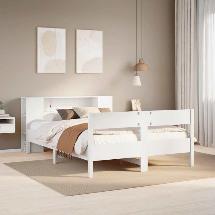 vidaXL Bed met boekenkast zonder matras grenenhout wit, Huis en Inrichting, Slaapkamer | Bedden, Overige maten, 200 cm, Wit, Tweepersoons