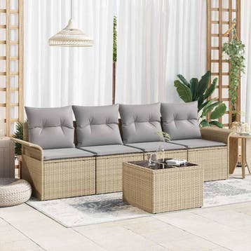 vidaXL Tuin Sofa Set 5 st Beige en Grijs poly rattan, Verzenden, Nieuw, Rotan, 5 zitplaatsen