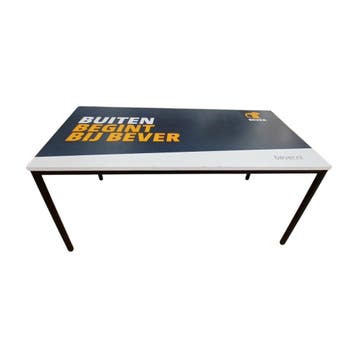 Tafel met updruk 160x80x76cm, hout blad en metalen frame,, Ophalen of Verzenden, Gebruikt, Overige typen