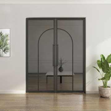 Dubbele stalen taatsdeur - Zwart - 2 Vlaks rond - Rook glas*, Minder dan 80 cm, Overige typen, Nieuw, Metaal