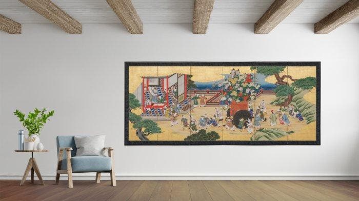 Byôbu  (vouwscherm) - Zijde, bladgoud, gelakt hout, papier, Antiek en Kunst, Antiek | Overige Antiek