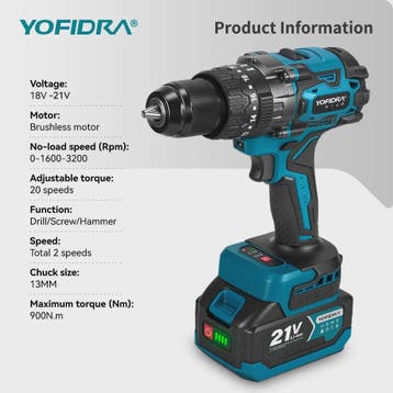 YOFIDRA 21V Brushless Accuboormachine 900Nm 13mm - Krachtige, Verzenden, Nieuw