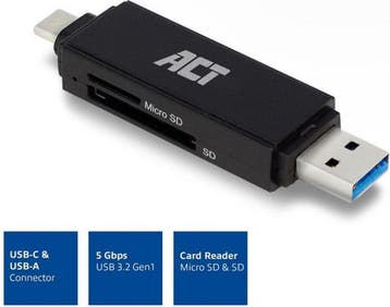 ACT USB 3.2 Card Reader SD/Micro SD USB-C Or USB-A Black, Ophalen of Verzenden, Nieuw, Overige Merken