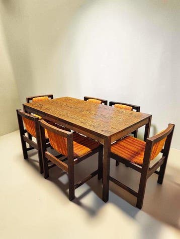 Eettafel - Hout, Textiel - Rechthoekige tafel en zes, Antiek en Kunst